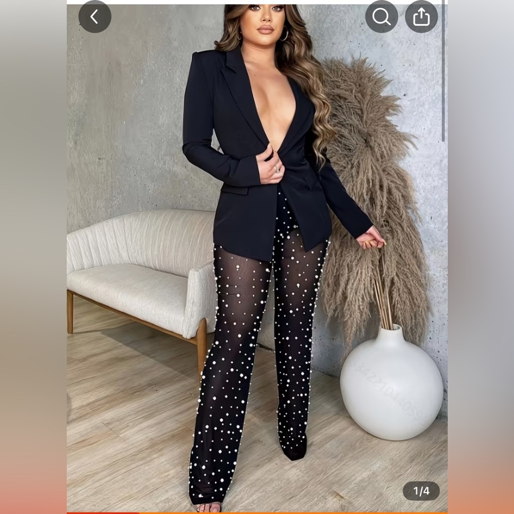 SHEIN Black Sheer Pants w/ white Pearls